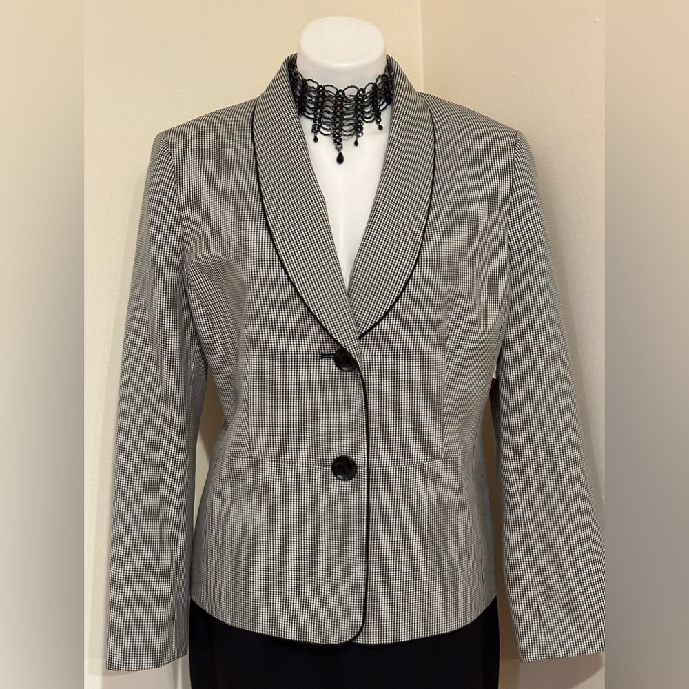 Women's Grey And White Checkered Blazer with Black Trim